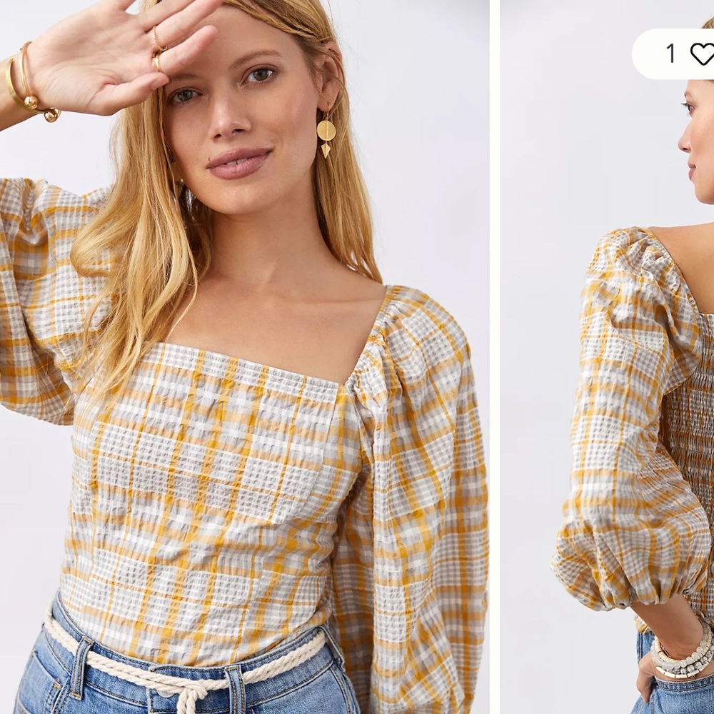 Maeve Yellow Plaid Smocked Square-Neck Blouse